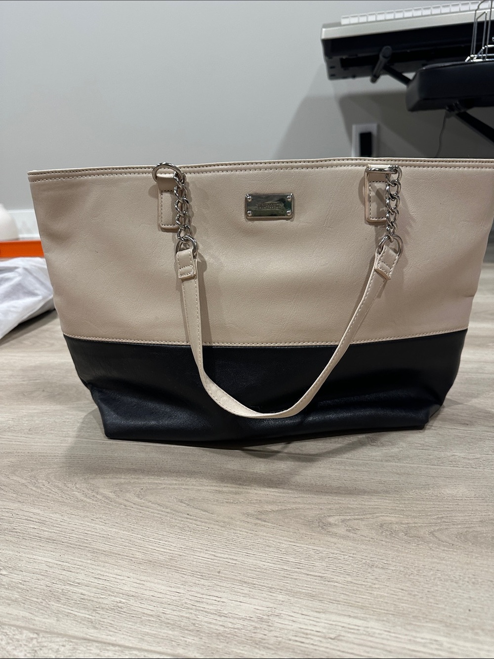 Nine West Beige and Black Two-Tone Tote Bag with Chain Detail